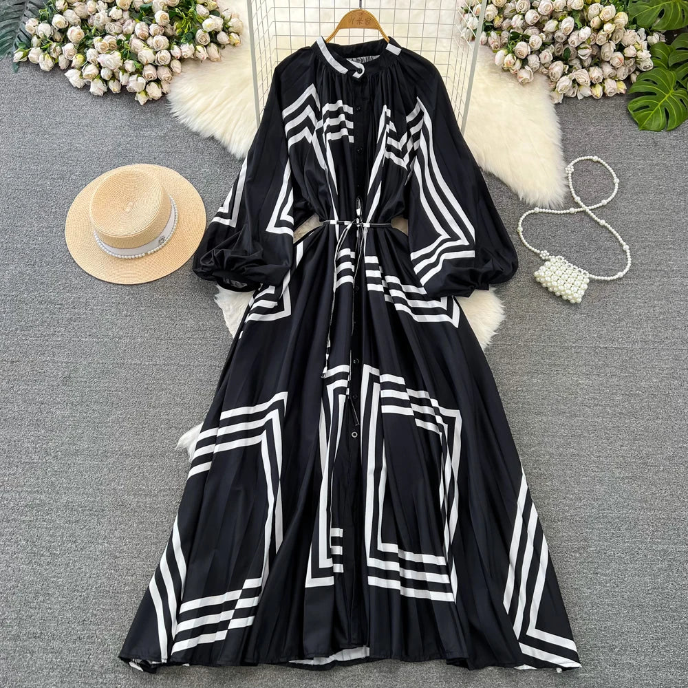 Elegant Women Casual Floral Print Party Dress Vintage Lantern Sleeve A-Line Pleated Prom Birthday Clothes Female Fashion Robe