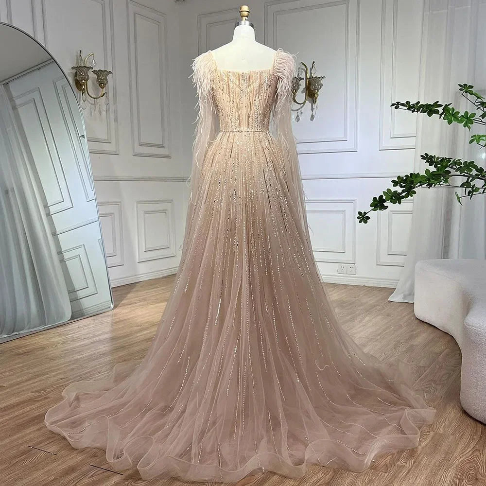 Serene Hill Luxury Dubai A Line Blue Cape Sleeves Feathers Beaded Evening Dresses Gowns 2023 For Women Wedding Party BLA72236