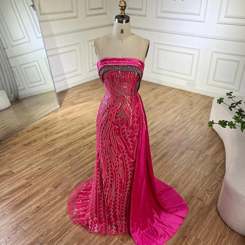 Serene Hill 2024 Arabic Nude Strapless Satin Mermaid Beaded Luxury Dubai Evening Gown with Side Skirt for Women's Party BLA72665