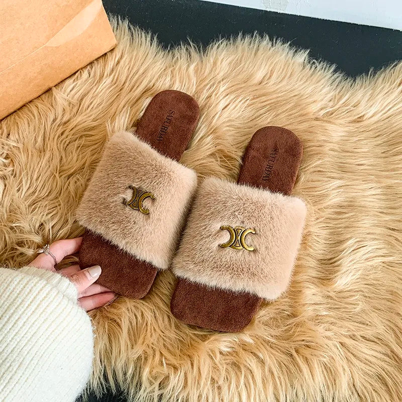 2024 Hot Sale Women's Shoes Open Toe Women's Slippers Warm Casual Slippers Women Square Toe Flat with Shoes for Women