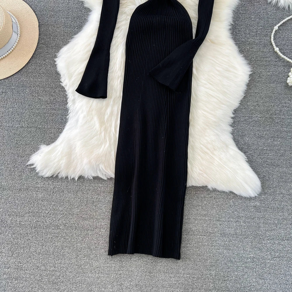 Women Chic Elegant Long Sleeve Bodycon Vneck Dress Sexy French Fashion Knit Wrap Vestidos Elastic Slim Pencil Sweater Dress