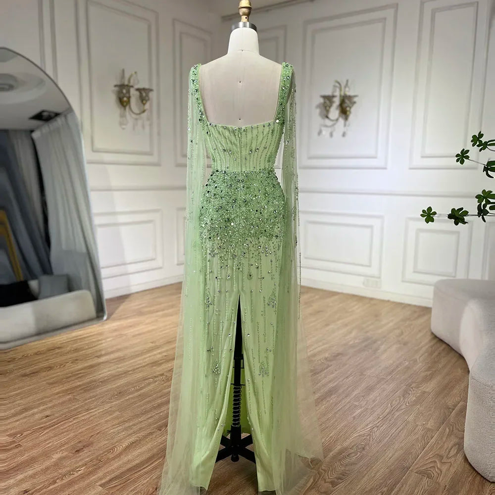 Serene Hill Arabic Gray Mermaid Beaded Luxury Dubai Long Evening Gown with Cape Sleeves Elegant for Women - Party 2024 BLA72592