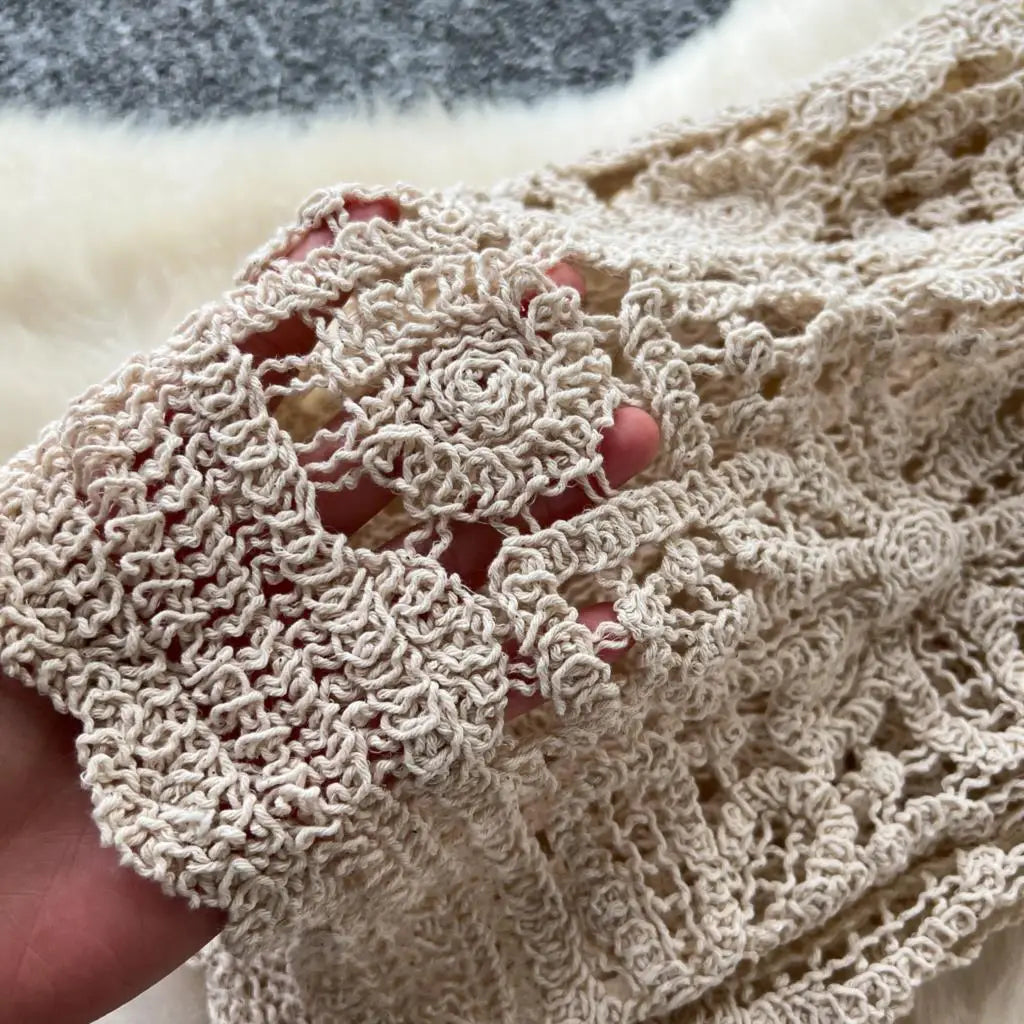 Korean Fashion Women Knitting Trousers Autumn Embroidery Splice Hollow Out High Waist Loose Casual Beach Long Wide Leg Pants New