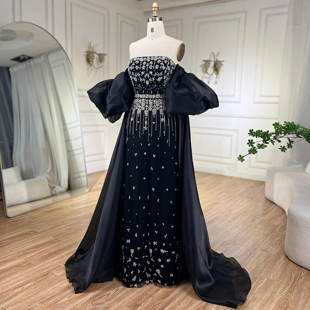 Serene Hill Black Sexy Off the Shoulder Puff Sleeves Evening Dresses Beaded Overskirt Mermaid Party Gown For Women 2023 BLA72002