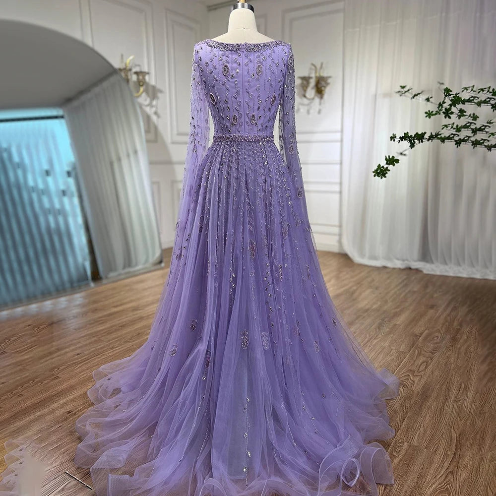Serene Hill 2024 Muslim Pink A Line Beaded Elegant Cape Sleeve Luxury Evening Dresses Gowns For Women Wedding Party LA71803A