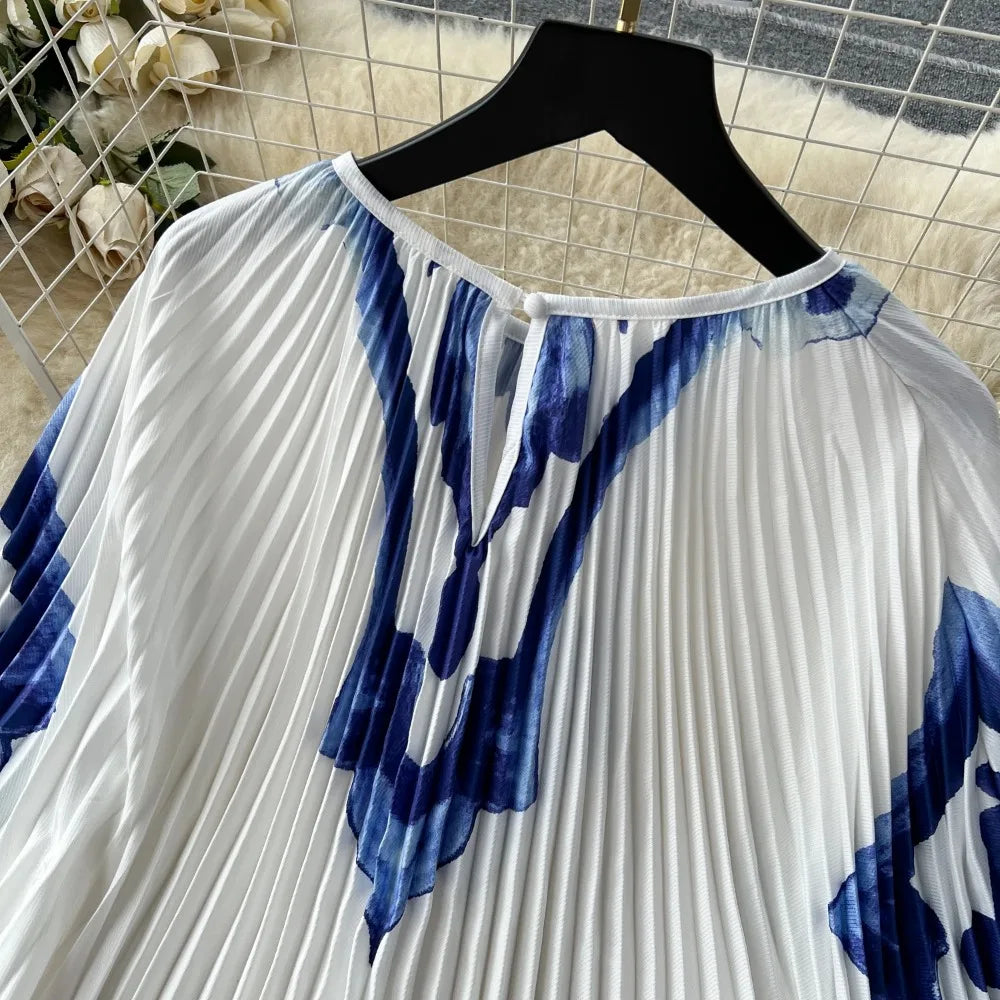 Vintage Print Elegant O-neck Batwing Sleeve Dress A-line Casual Belt Fashion Dress Women Fashion Summer Spring Vestidos