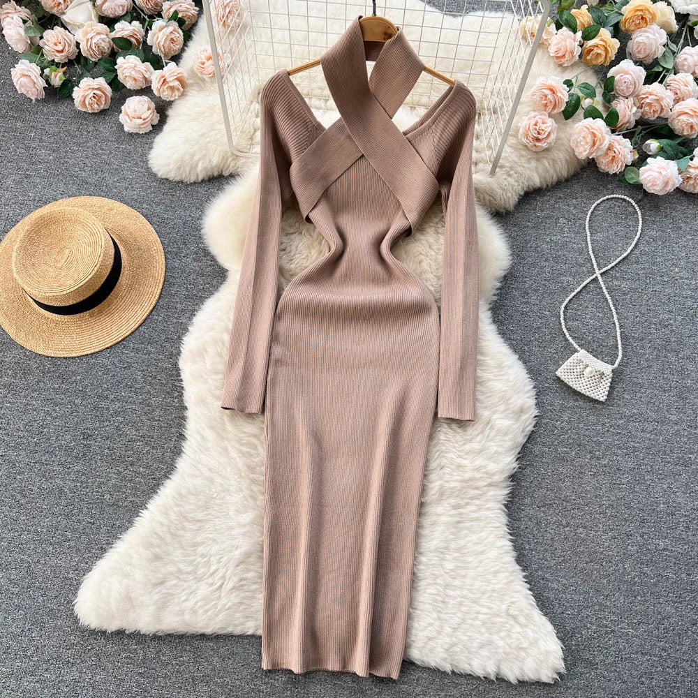 Chic Sexy Criss-cross Halter Elegant Pencil Dress Fashion Slim Knit Long Sleeve Birthday Party Vestidos Women Autumn Winter Robe