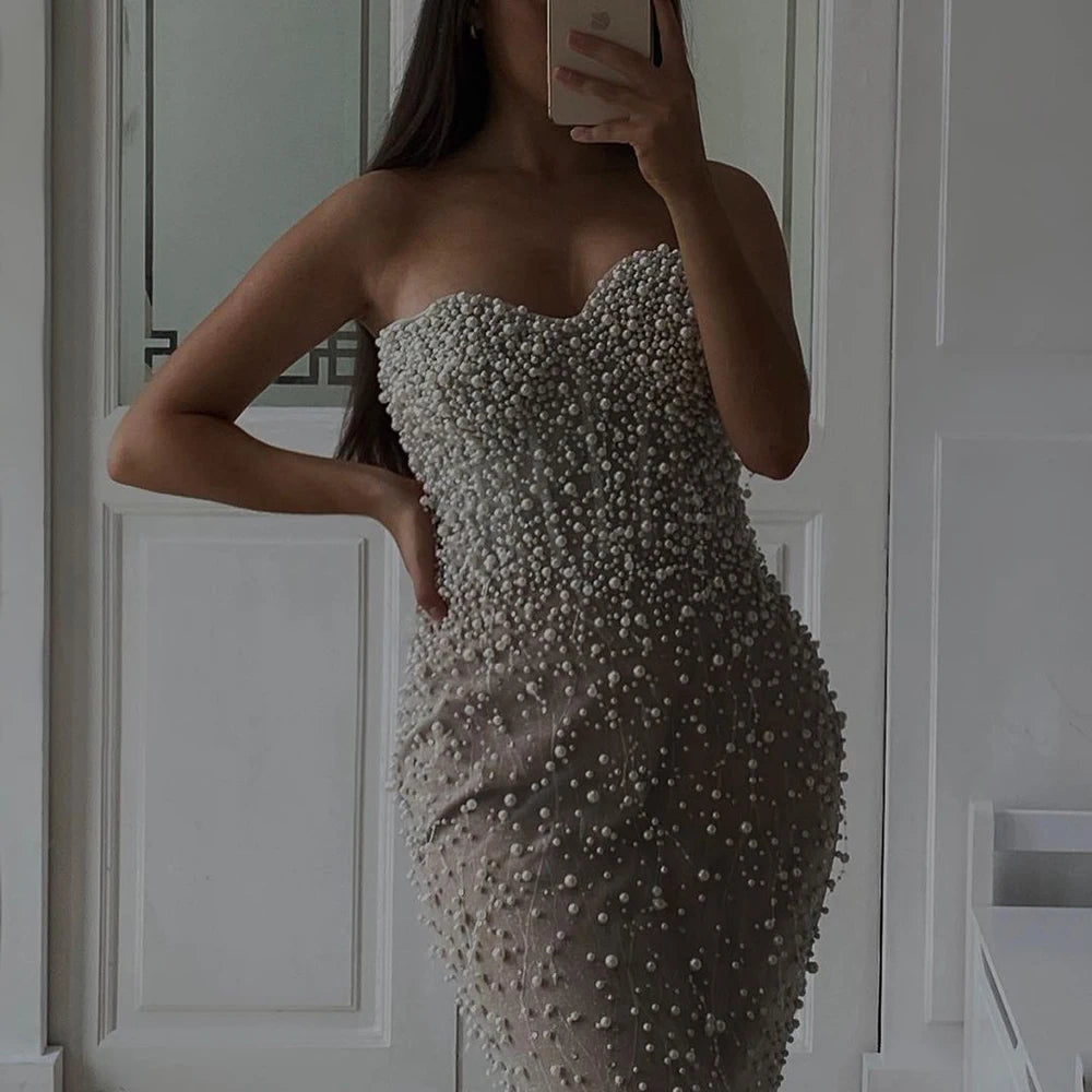 Serene Hill 2024 Arabic White Nude Mermaid Gown Pearls Beading High Split Luxury Dubai Evening Dress for Women's Party LA72544