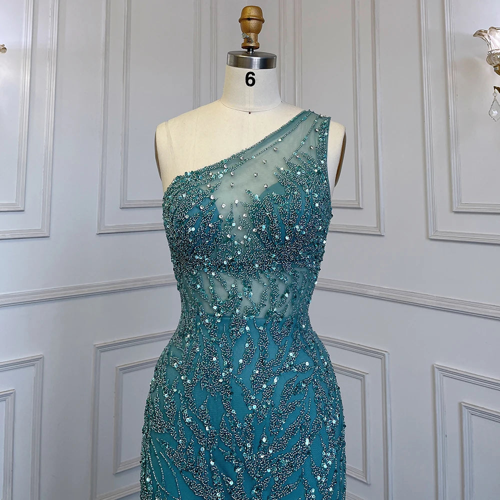 Serene Hill Turquoise Mermaid Elegant With Skirt High Split Evening Dresses Gowns Luxury Beaded Crystal 2024 Women LA71582A