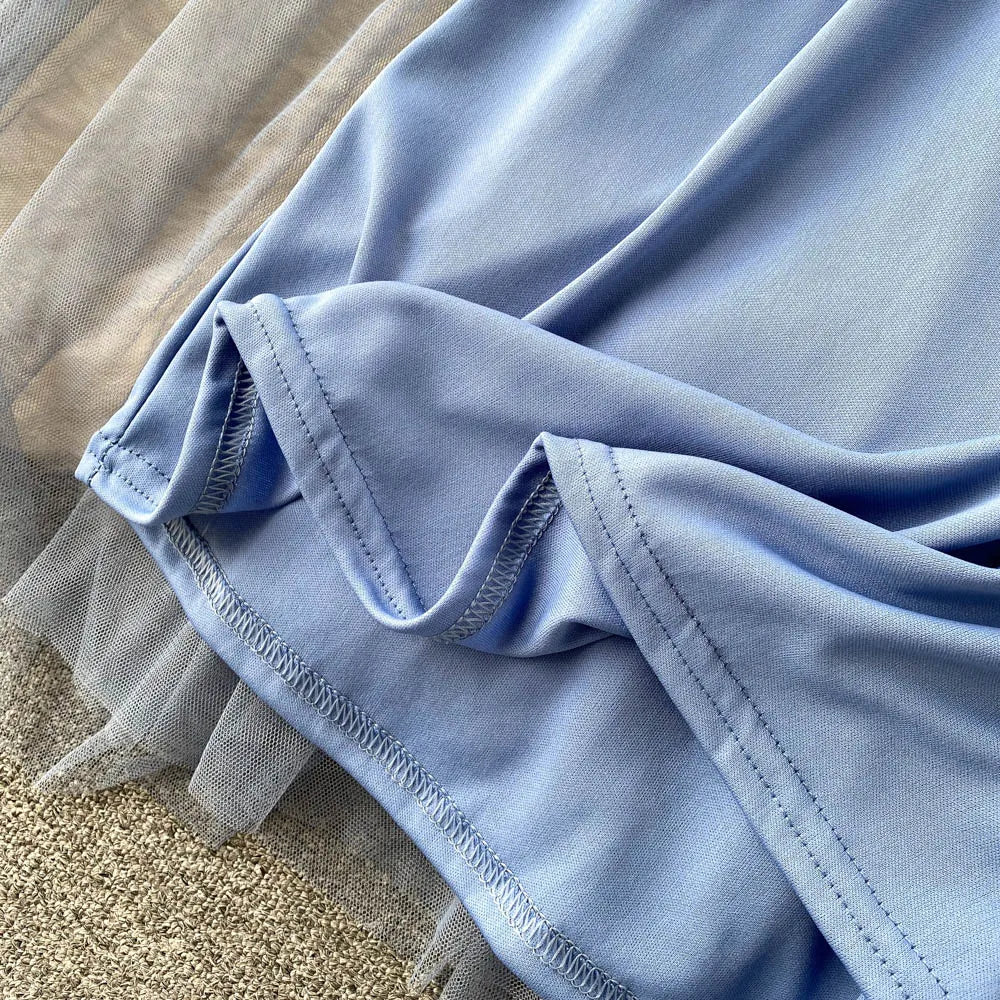 Retro Elegant Mesh Pleated two pieces Dress sets Sexy Fairy puff sleeve Summer Casual Vestidos Slim Women Evening Party Dress