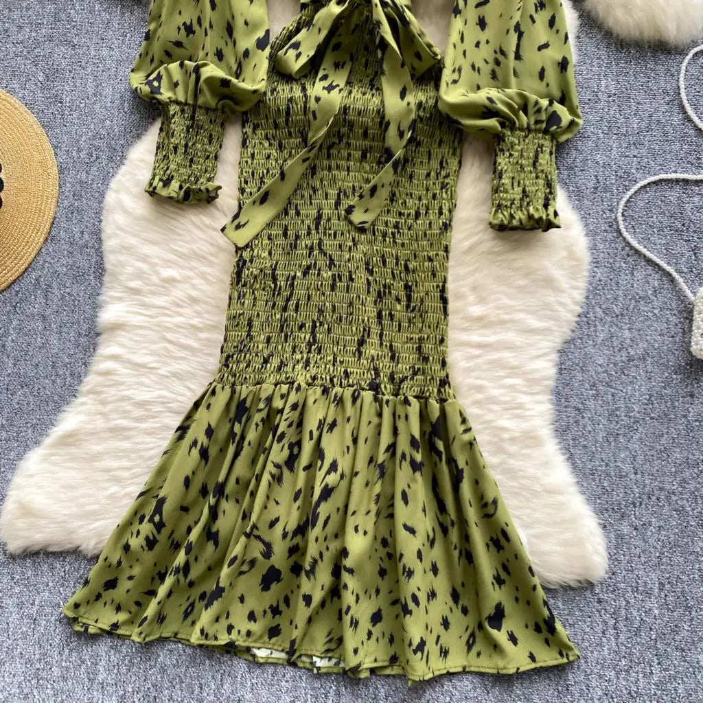 Women Casual Vintage Print Ruffle Long Dress Autumn Elegant V Neck Lantern Sleeve Party Mermaid Dresses Holiday Female Mujer New