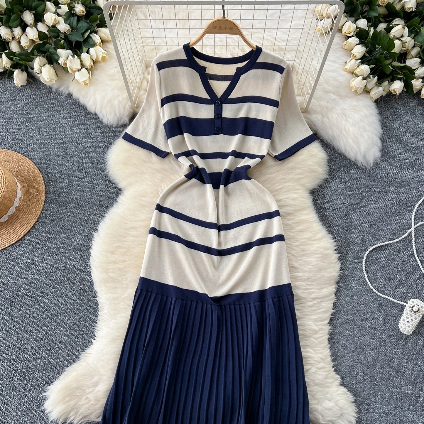 Sexy Chic short sleeve PATCHWORK v-Neck Striped Knit Dress Elegant Fashion Party Slim Summer A-line sweet dresses