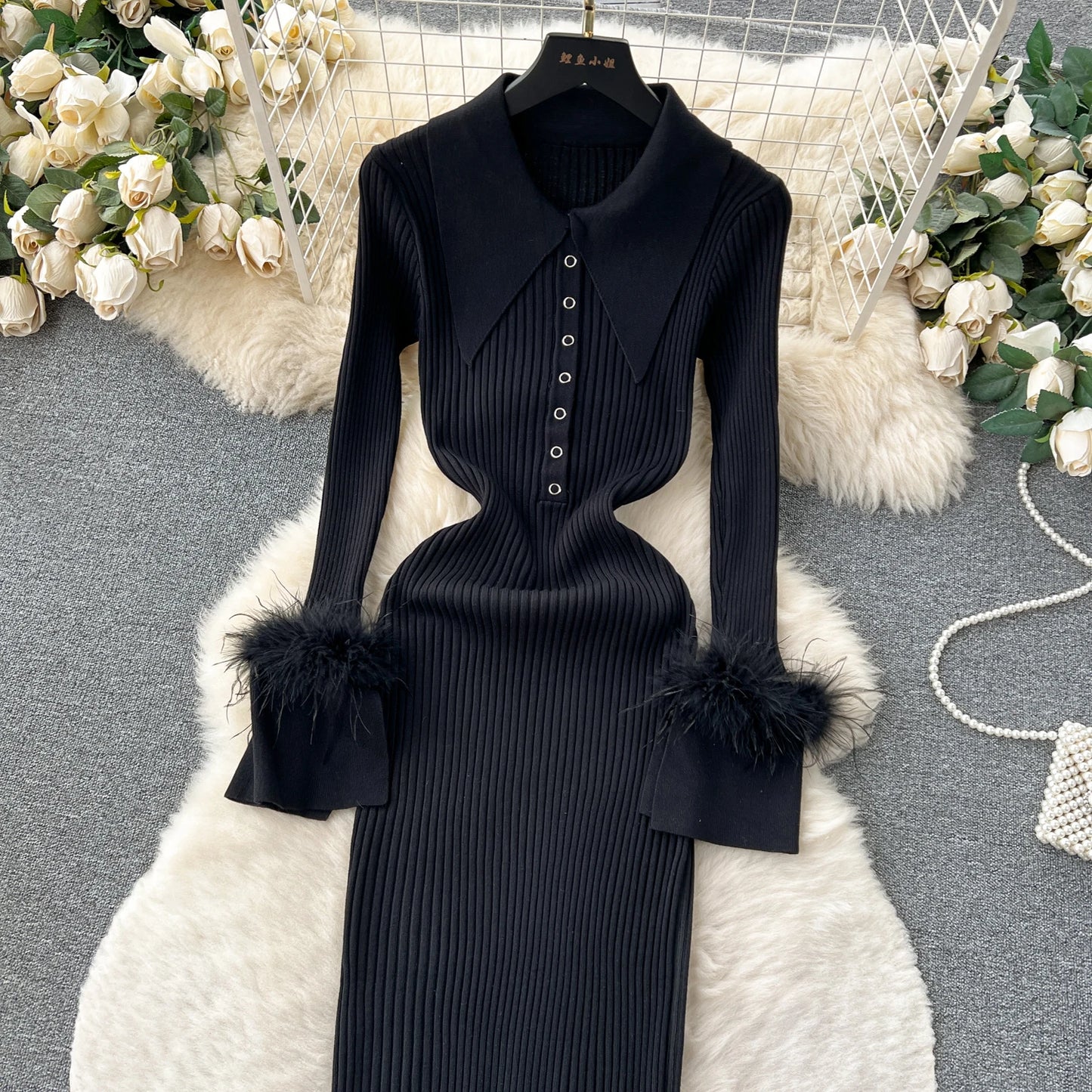 Elegant Turn-down Collar Feather Long Sleeve Knit Bodycon Pencil Dress Slim Fashion Sweater Vestido Sexy Women Winter Clothing