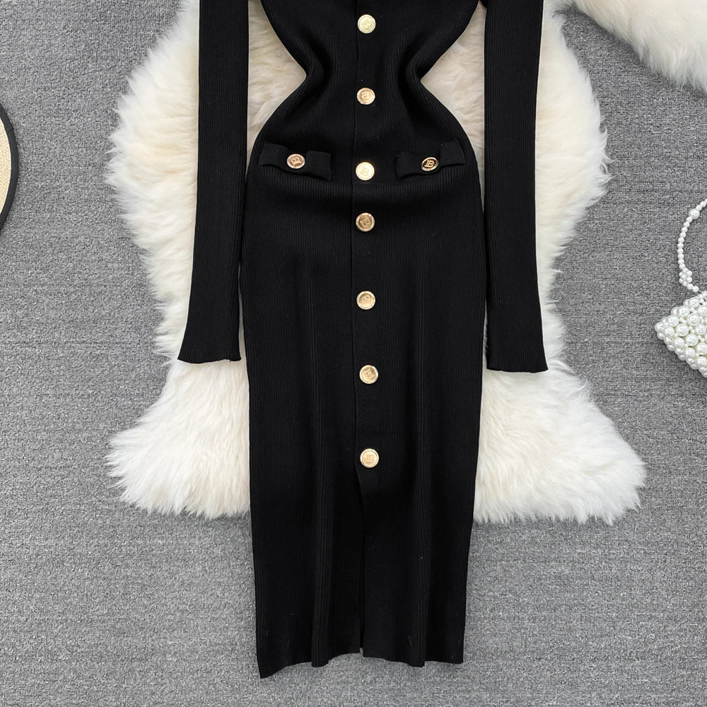 Sexy Split V-neck Long Sleeve Bodycon Dress Chic Elegant Evening Party French Fashion Knit Vestidos Women Autumn Pencil Dress