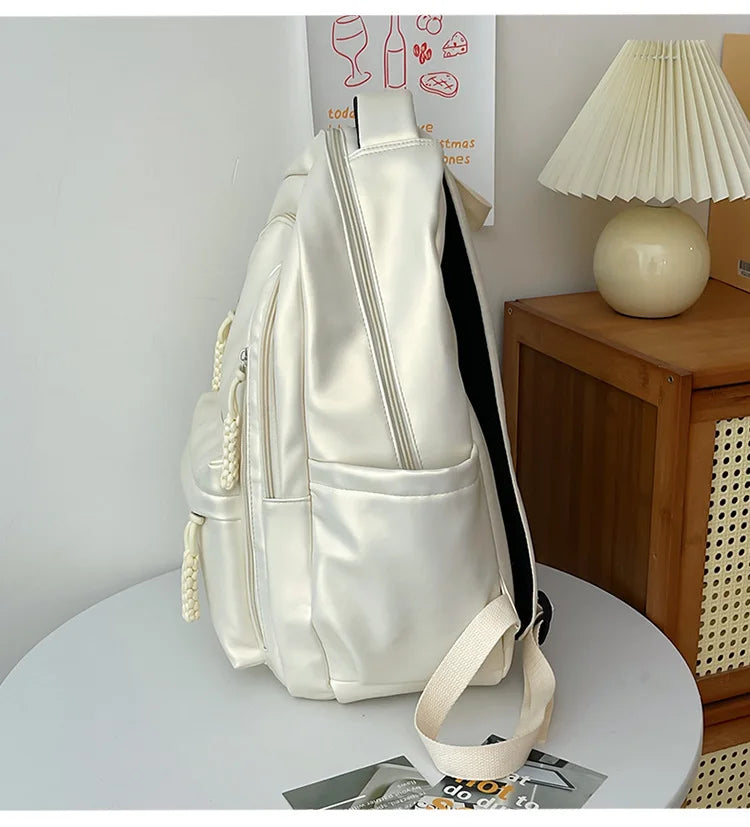 Korean Fashion College Student School Bags Women's New Trendy Casual Glossy Leather Backpacks Versatile Large Capacity Handbags
