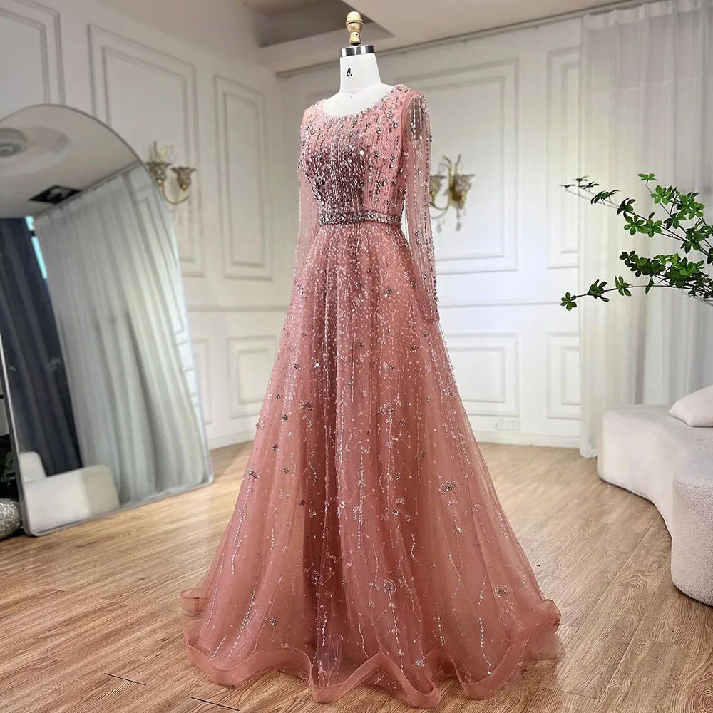 Dubai Arabic Designer Luxury Nude A Line Beaded Evening Dresses Gowns For Women Wedding Party 2023 BLA72088 Serene Hill