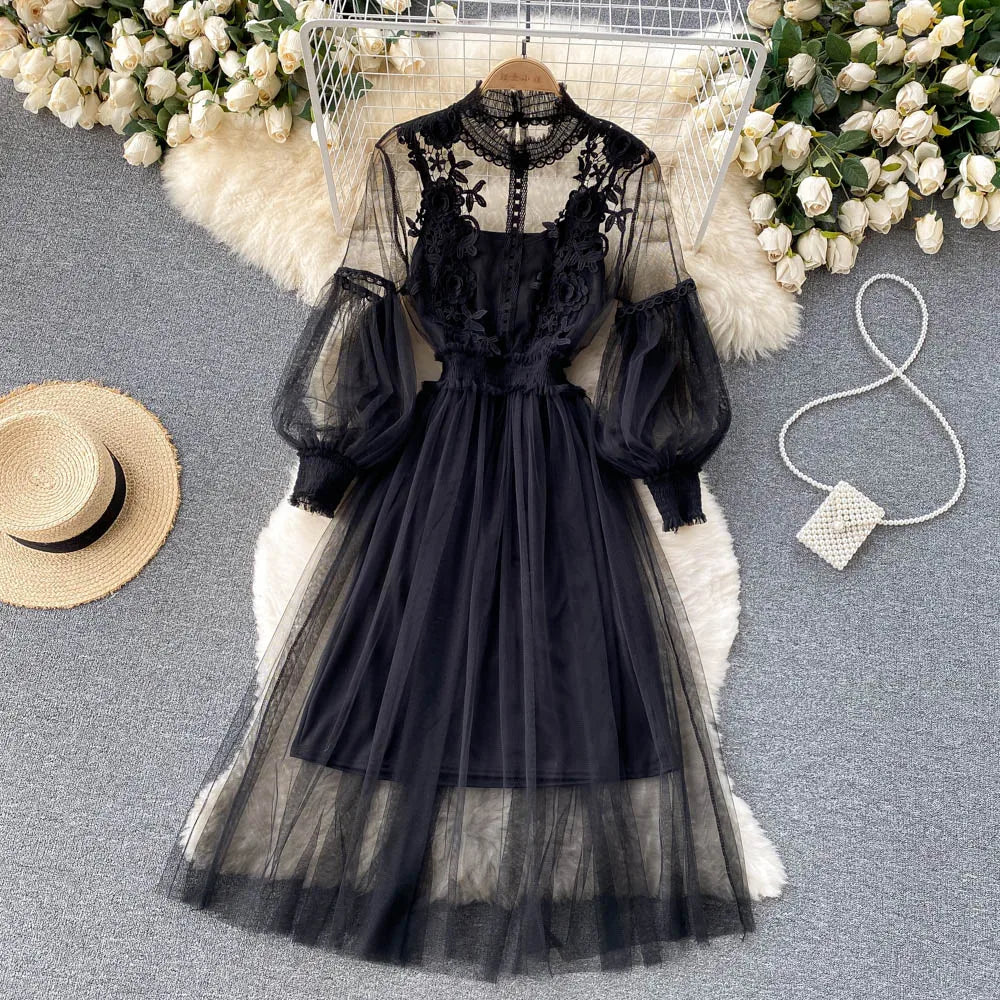 Retro Elegant Mesh Pleated two pieces Dress sets Sexy Fairy puff sleeve Summer Casual Vestidos Slim Women Evening Party Dress