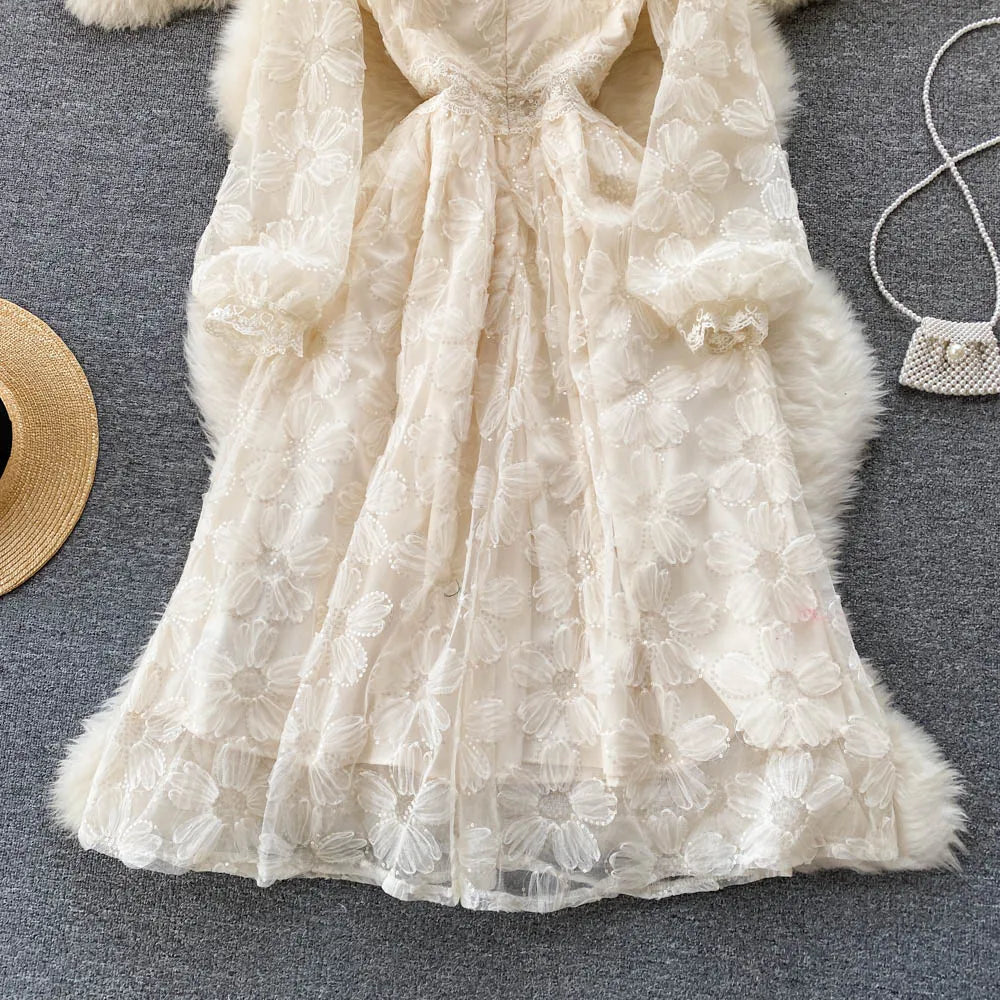 Elegant and Chic Women Fashion Lace Midi Party Dress Spring Vintage A-Line Solid Birthday Prom Vestidos Female Clothes Robe New