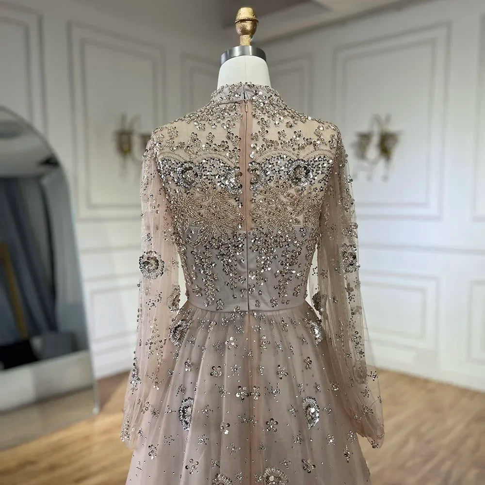Serene Hill Muslim Nude A-Line Beaded Luxury Elegant Dubai Long Evening Gown for Women - Wedding Party 2024 GLA72594
