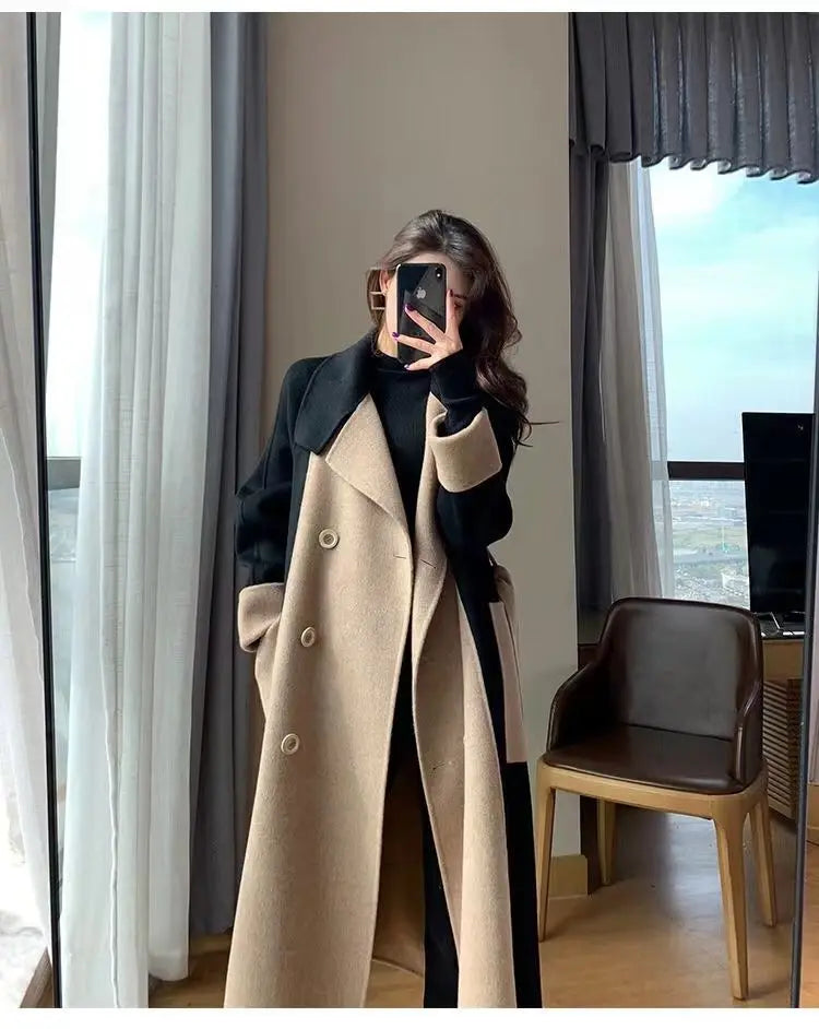 Women's Woolen Long Overcoat With Belt Spring Autumn New Double Sided Fleece Wool Color Matching Style Slim Splicing Coat
