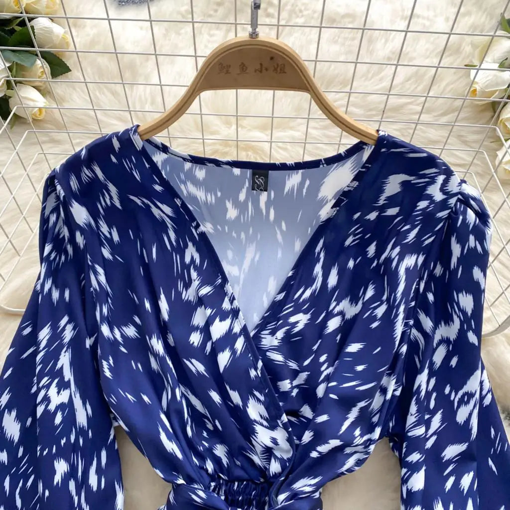 Women Casual Vintage Print Ruffle Long Dress Autumn Elegant V Neck Lantern Sleeve Party Mermaid Dresses Holiday Female Mujer New