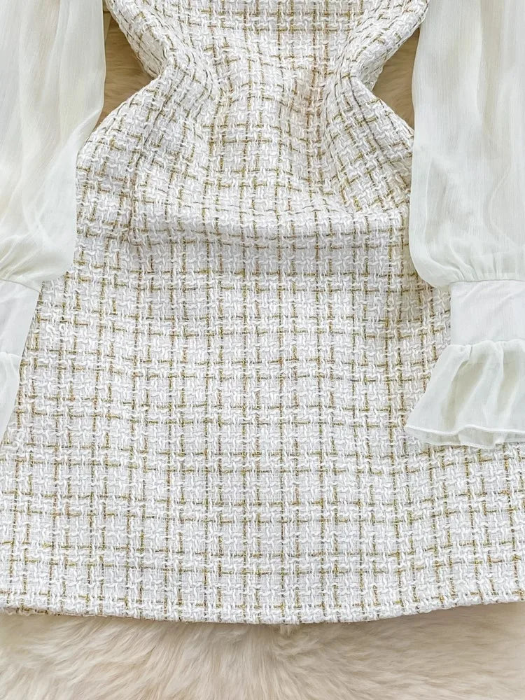 Autumn Fashion New Women Tweed Plaid Mini Dress Elegant Chiffon Patchwork Long Sleeve Dresses Female Casual One Piece Clothes