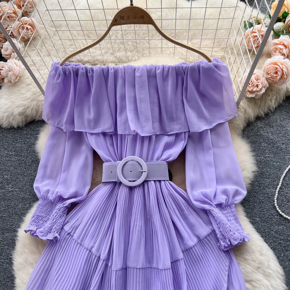 Vintage Pleated Slash Neck Off Shoulder High Waist Dress Long Sleeve Dress Chic Summer Beach Vestidos Women Vacation Sundress
