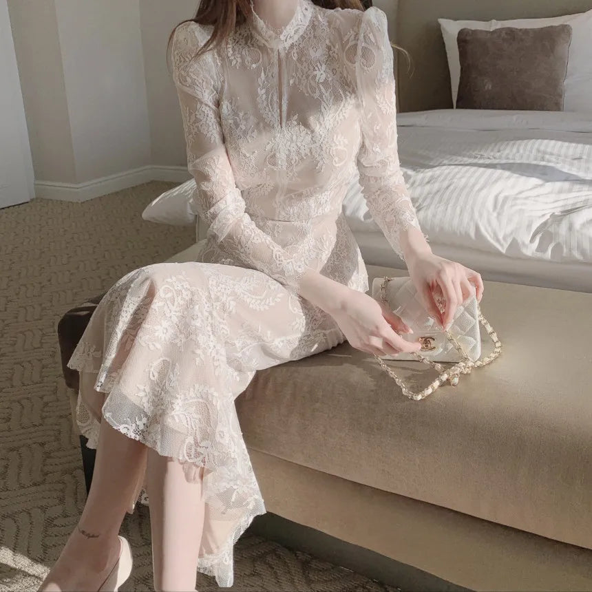 Elegant and Slim fitting Semi Transparent Lace Set Women's Spring Temperament Long Sleeved Top+Long Fishtail Skirt Two-piece