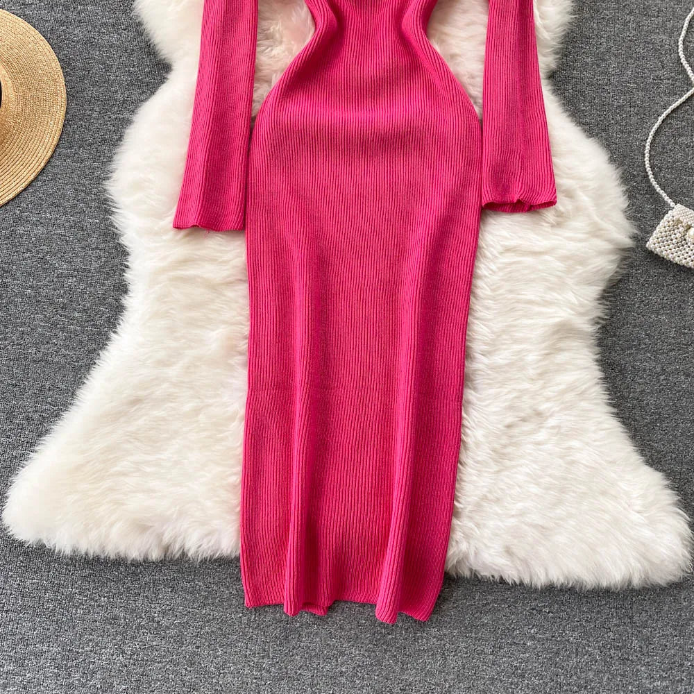 Women Long Sleeve Sexy Bodycon Dress with slit Vintage French Fashion Knit v neck Vestidos Basic Tight Elegant Slim Chic Dresses