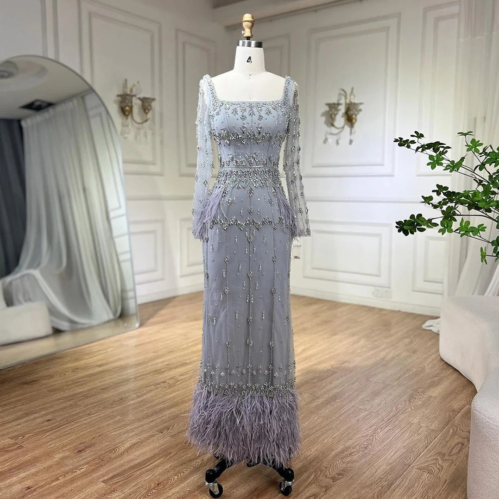 Serene Hill Muslim Turquoise Mermaid Elegant Evening Dresses Gowns 2024 Luxury Beaded Feather For Women Party LA71722