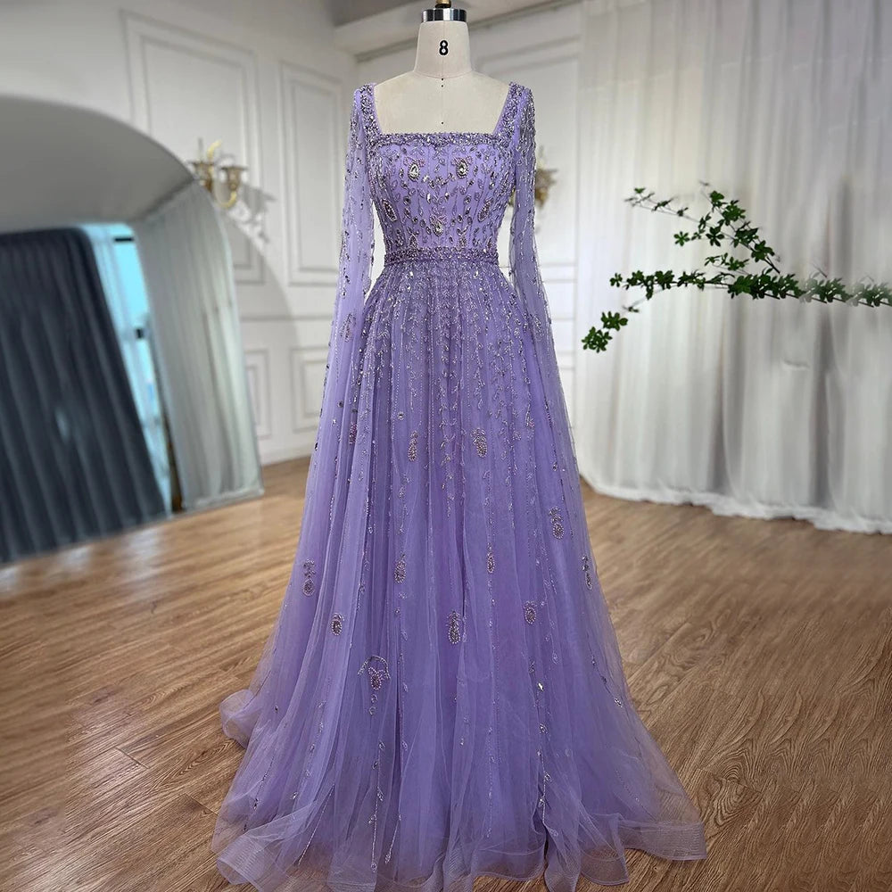 Serene Hill 2024 Muslim Pink A Line Beaded Elegant Cape Sleeve Luxury Evening Dresses Gowns For Women Wedding Party LA71803A