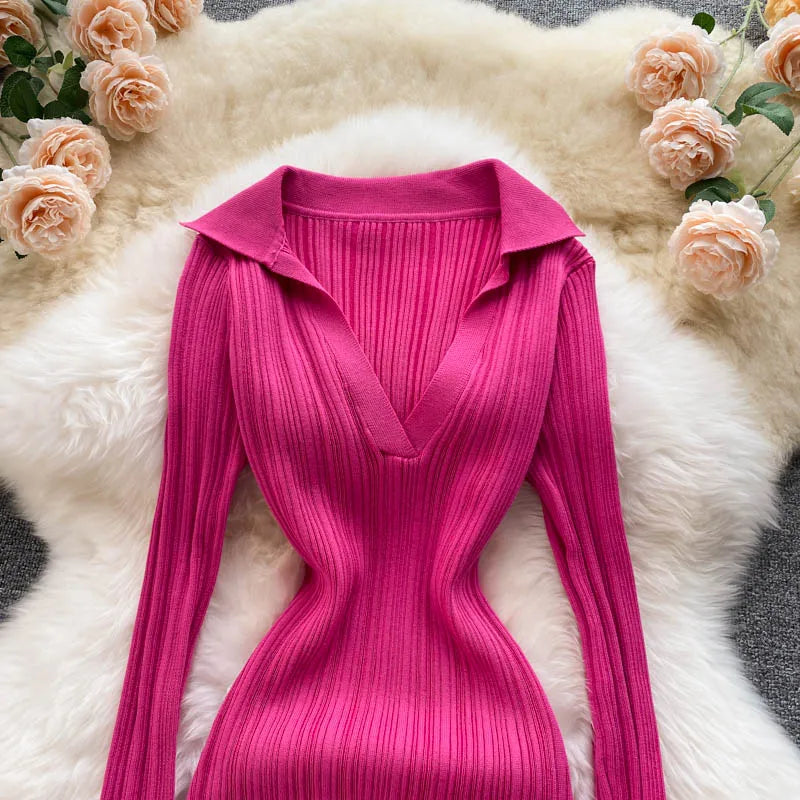 Women Chic Elegant Long Sleeve Split Bodycon Midi Dress Sexy French Fashion Knit Wrap Vestidos Elastic Slim Pencil Sweater Dress