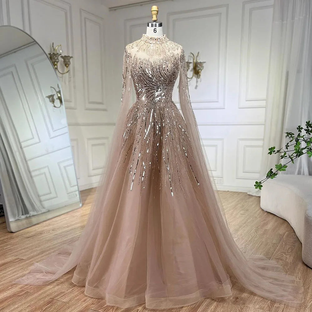 Serene Hill Caramel Luxury Evening Dresses with Cape Sleeves A-Line Beaded Lace Gown For Women's Wedding Party 2024 LA72386