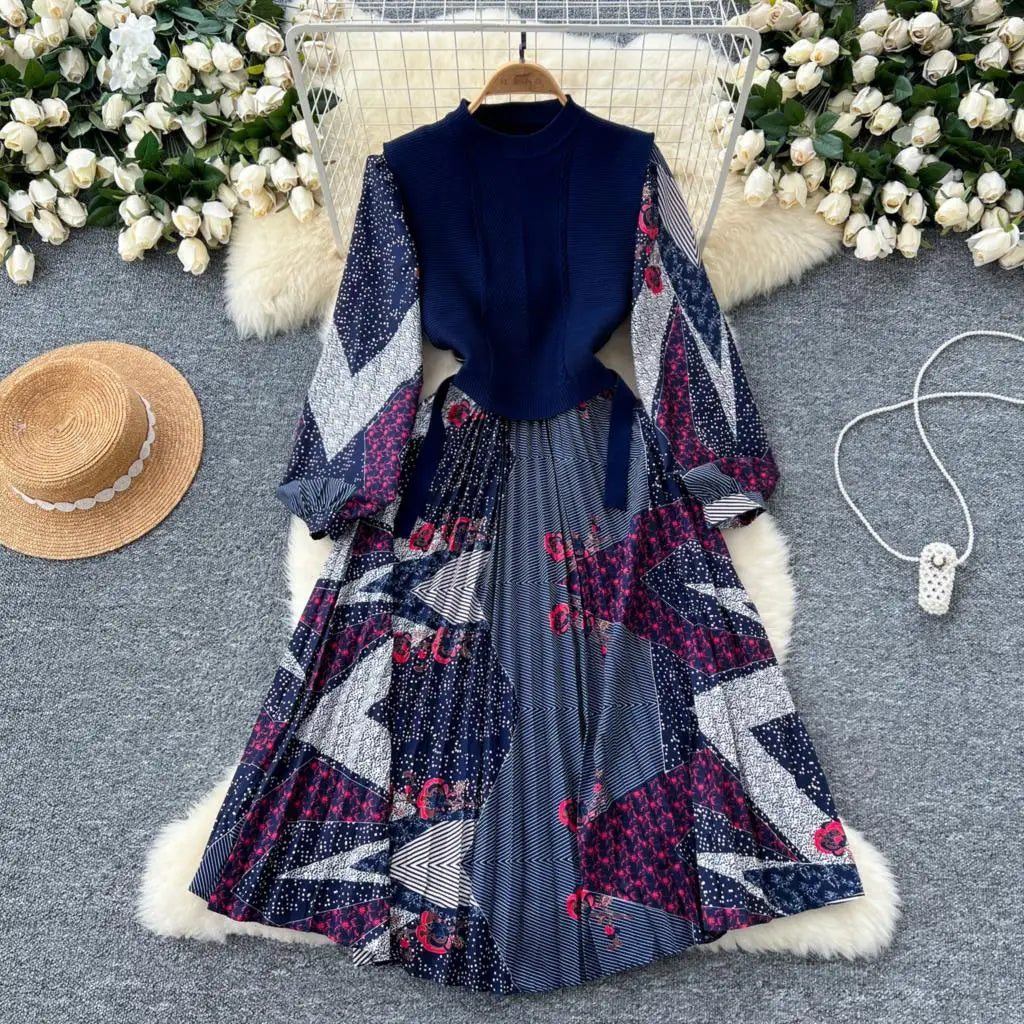 French Vintage Patchwork Print Knitted Dress Elegant and Chic Boho Beach Holiday Dresses A-Line Slim Waist Pleated Vestidos New