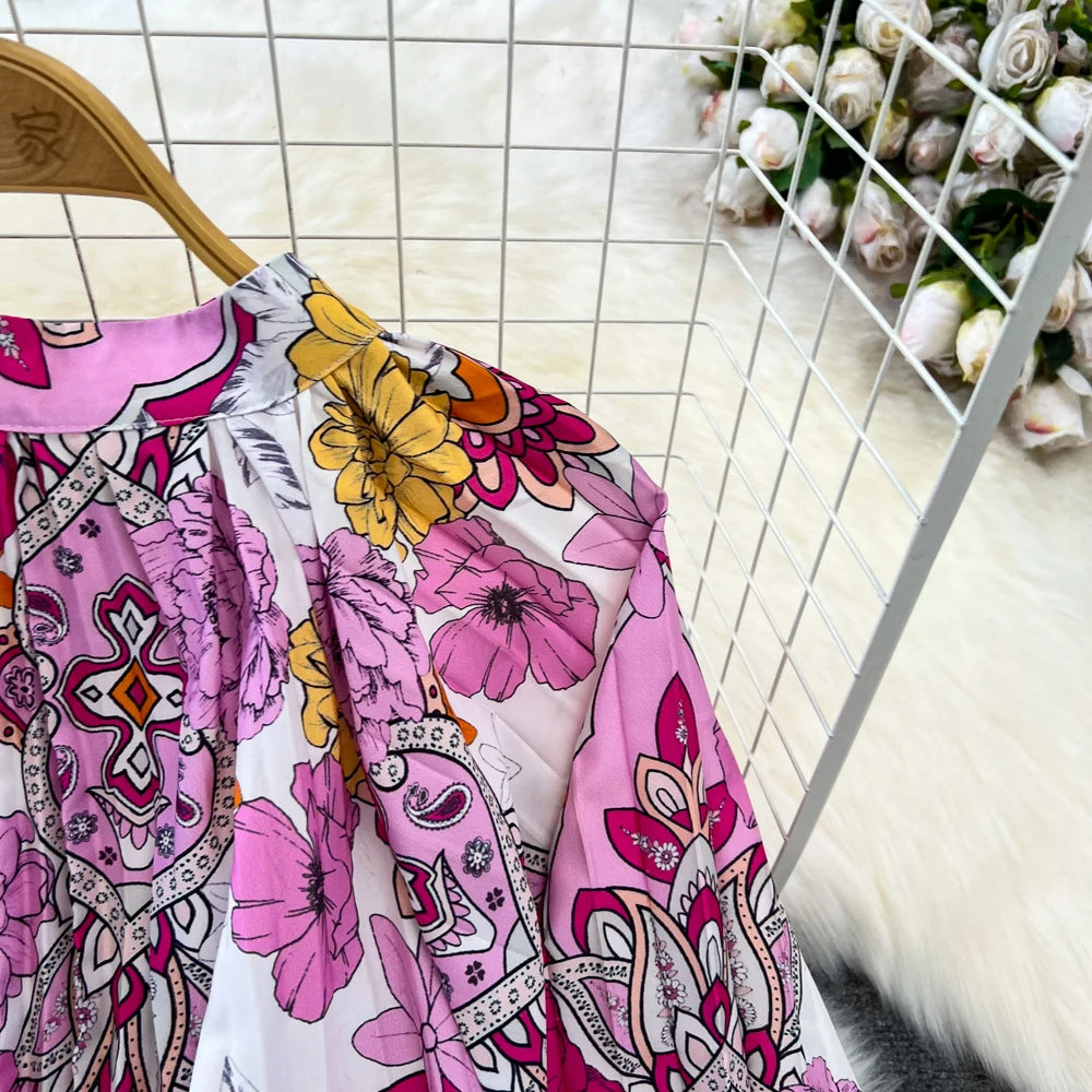 Elegant Women Casual Floral Print Party Dress Vintage Lantern Sleeve A-Line Pleated Prom Birthday Clothes Female Fashion Robe