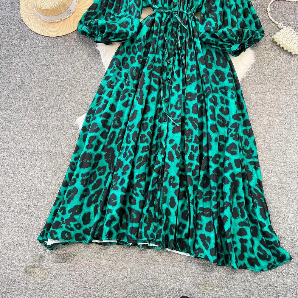 Elegant Women Casual Floral Print Party Dress Vintage Lantern Sleeve A-Line Pleated Prom Birthday Clothes Female Fashion Robe