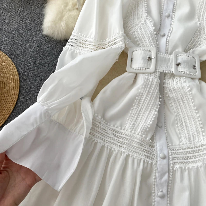 Wedding Guest Dresses For Women Lace Trim Luxury Party Dress Stand Collar Long Sleeve Button Up Holiday Mini Dress With Belt