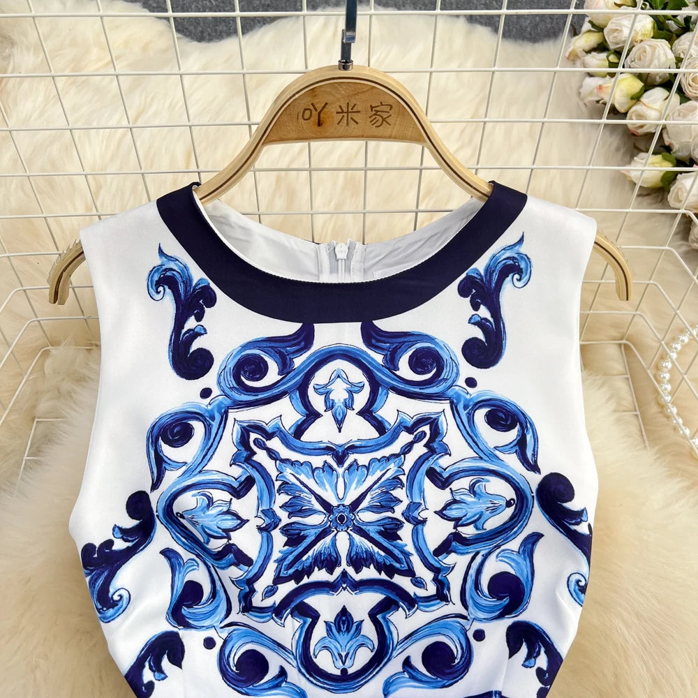 New In Dresses Summer Clothes For Women 2023 Fashion Elegant Vintage Print Party Dress Round Neck Sleeveless A Line Mini Dress