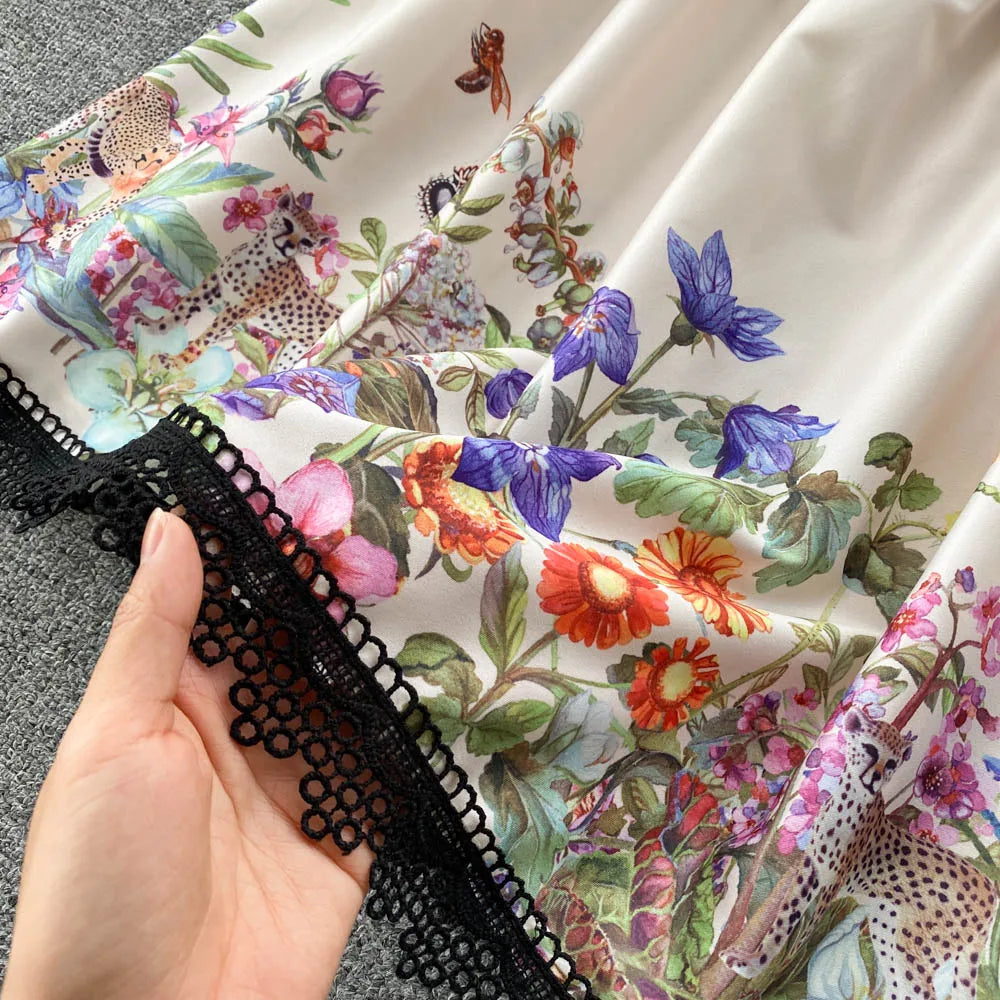 Vintage Elegant Long Dress Women Slim Floral Printed Party Dresses Tie Bow Elastic Waist Lantern Long Sleeve Long Robe Vestidos