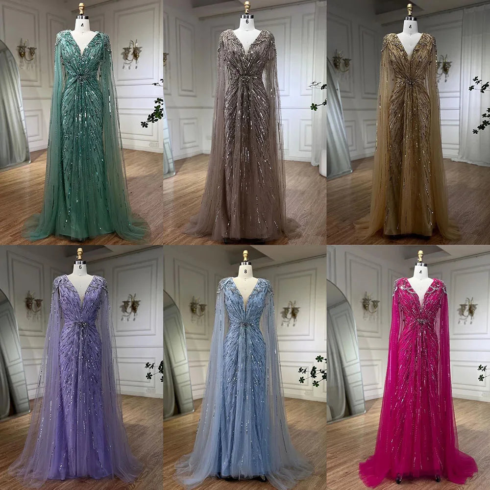 Serene Hill Turquoise Mermaid Evening Dresses Gowns 2024 with Beaded Cape Sleeves Design for Women's Wedding Party BLA72168A