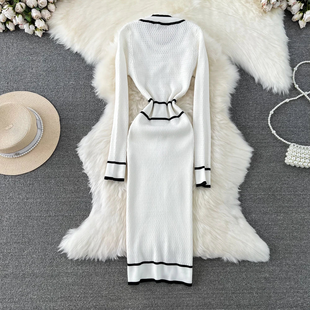 Women Elegant Bodycon Slim Party Knitted Dress Long Sleeve O-Neck Vintage Chic Prom Birthday Vestidos Autumn Female Long Robe