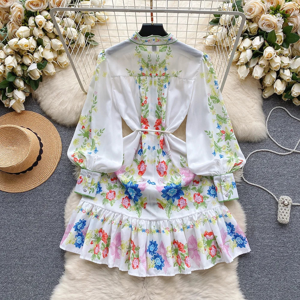 Clothes For Women Dresses 2024 Spring Ruffle Hem Vintage Floral Print Dress Stand Neck Long Sleeve Holiday Mini Dress With Belt