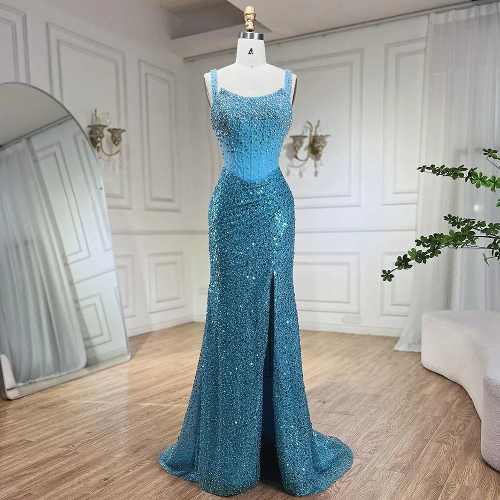 Serene Hill Beige Mermaid Floor Length Evening Gowns Luxury Beaded Crystal Spaghetti Strap Party Drsses For Women 2024 LA72163