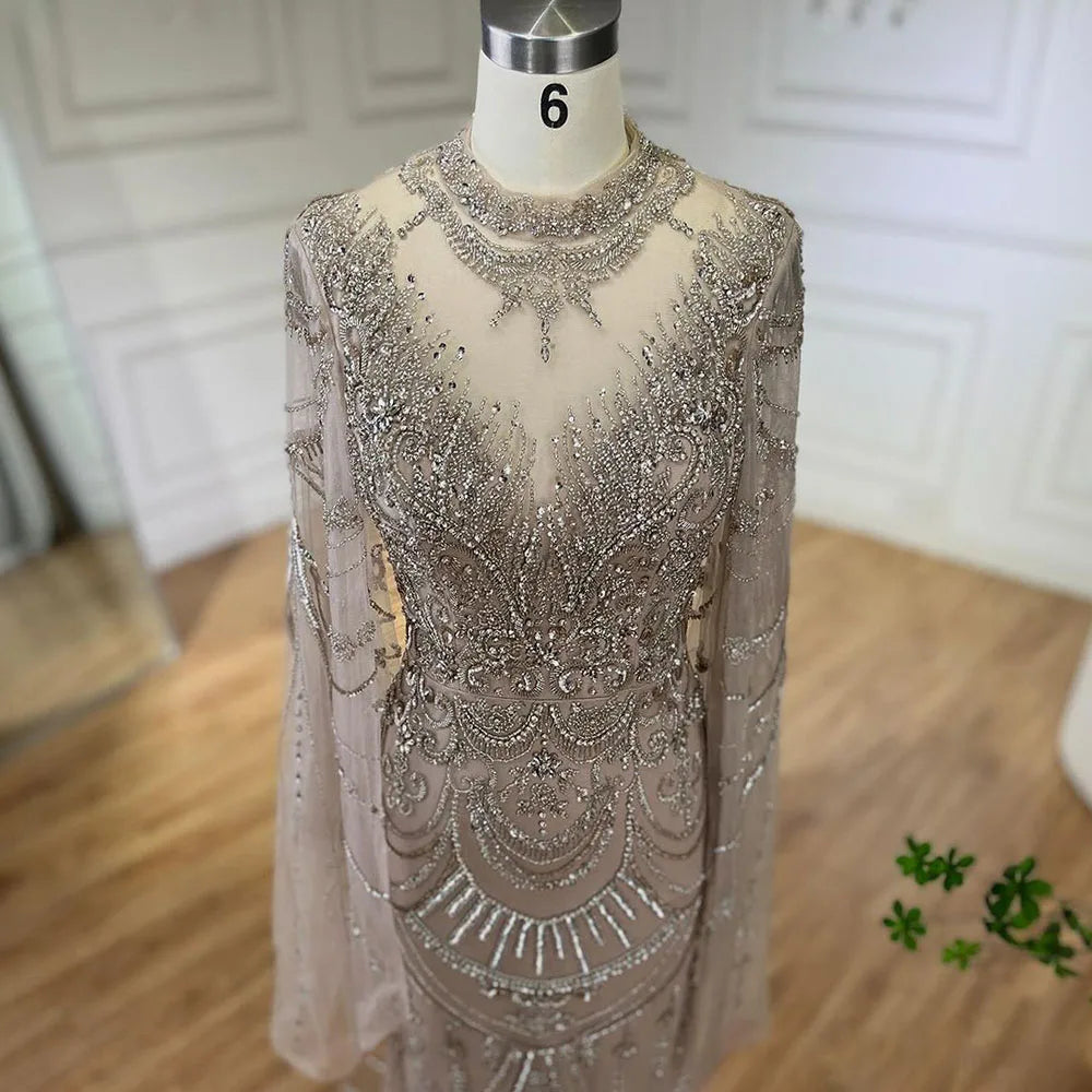 Serene Hill Dubai Gray Elegant Mermaid Beaded Lace Arabic Luxury Evening Dresses Gowns 2024 for Women Wedding Party LA72517