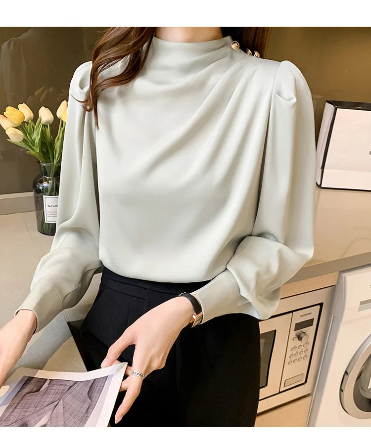 Autumn New Women's Style Stand up Collar Pleated Long Sleeve Top Fashion Lantern Sleeve Loose Elegant Solid Color Shirt Blouse