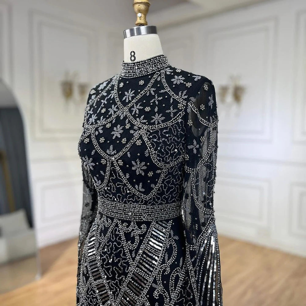 Serene Hill Muslim Grey Mermaid Elegant Nude Cape Sleeve Beaded Luxury Dubai Long Evening Dress 2024 Women's Party LA72316