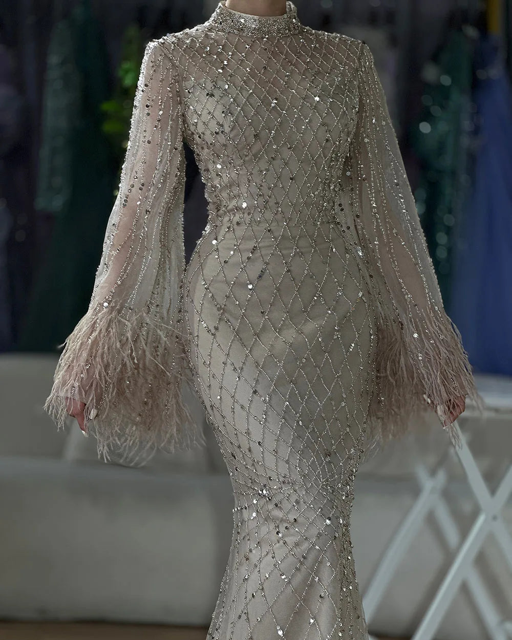 Serene Hill 2024 Saudi Caramel Illusion Cut Out Lace Beaded Feathers Mermaid Evening Dresses Gowns for Formal Occasion LA72394A