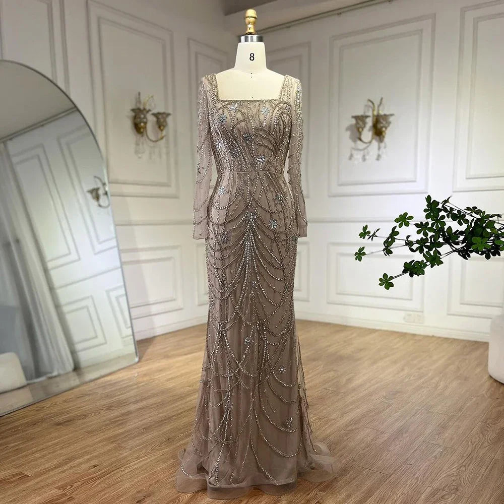 Serene Hill Luxury Dubai Green Mermaid Elegant Crystal Beaded Arabic Evening Dresses Gowns For Women Wedding Party 2023 BLA72242