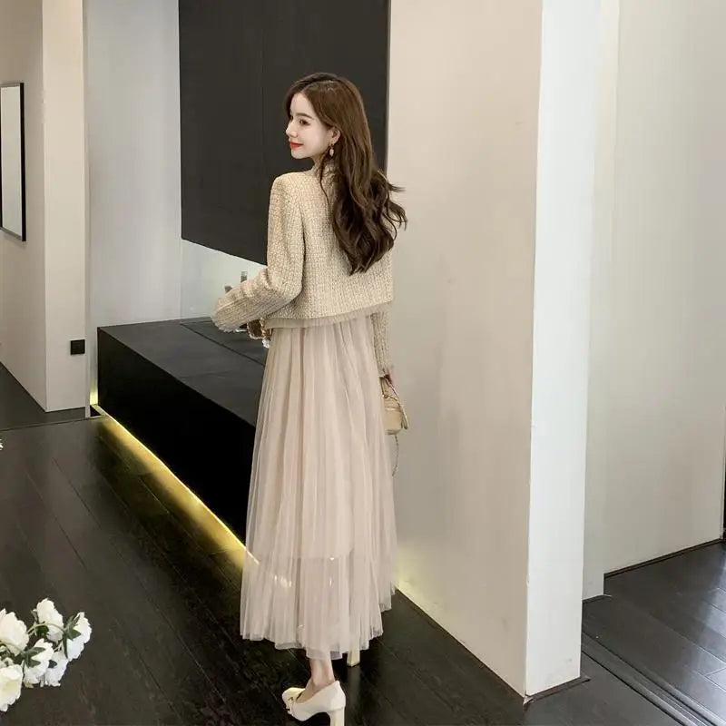 Elegant Small Fragrance Two-Piece for Women's Strap Mesh Midi Dress+Short Thick Tweed Jacket for Women's Spring and Autumn Set