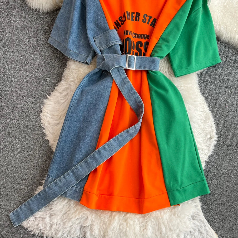 Women Summer Casual T Shirt Short Sleeve Streetwear Patchwork Denim Long Shirts Female O-neck Slim Jeans Tops